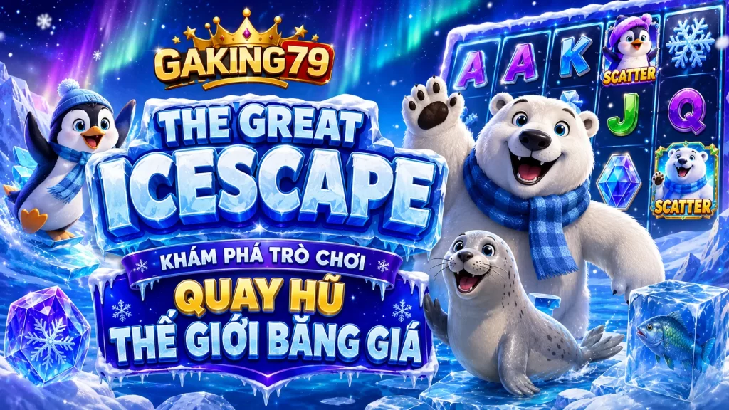 Banner GAKING79 The Great Icescape với phong cảnh băng tuyết, nhân vật vùng cực, núi băng phát sáng và hiệu ứng xanh tím rực rỡ.