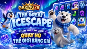 Banner GAKING79 The Great Icescape với phong cảnh băng tuyết, nhân vật vùng cực, núi băng phát sáng và hiệu ứng xanh tím rực rỡ.
