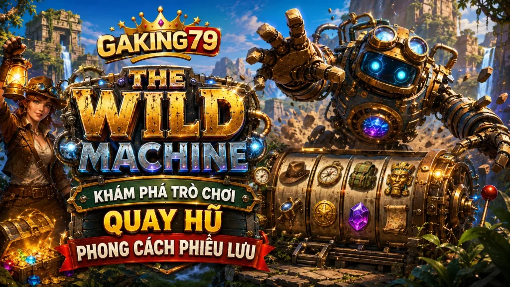 Banner GAKING79 The Wild Machine với máy móc cơ khí giữa khu rừng hoang dã, bánh răng phát sáng, núi đá và hiệu ứng xanh vàng cam nổi bật.