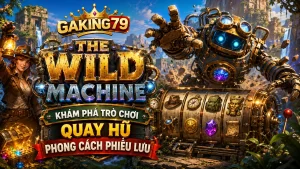Banner GAKING79 The Wild Machine với máy móc cơ khí giữa khu rừng hoang dã, bánh răng phát sáng, núi đá và hiệu ứng xanh vàng cam nổi bật.