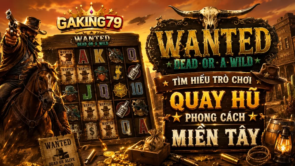 Banner GAKING79 Wanted Dead or a Wild với cao bồi miền Tây trước thị trấn sa mạc, núi đá phía xa, phối màu cam, vàng, xanh và tím.